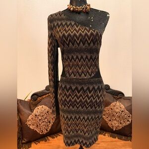 Va Va Voom Metallic Chevron Patterned One-Shoulder Dress W/ Mesh Cutouts size M